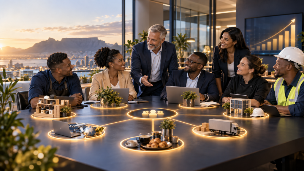 Wealth creation guidance illustrated by a mentor meeting with a group